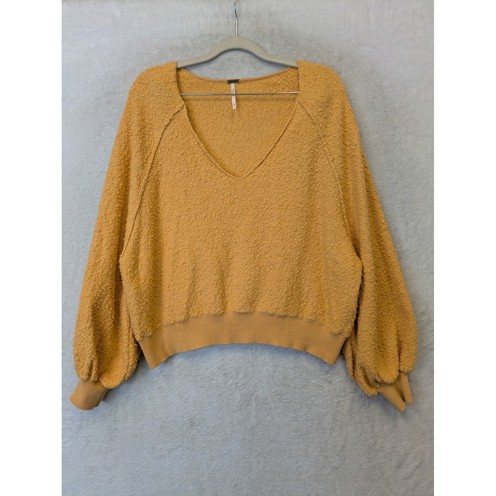 Free People Sweater Women's S Yellow V-Neck Textured Balloon Sleeve Relaxed Fit
